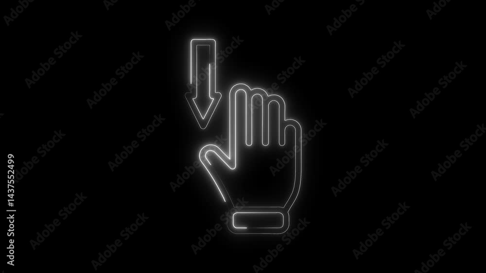 Poster neon hand gesture with arrow down on black background graphic motion animation ui sign