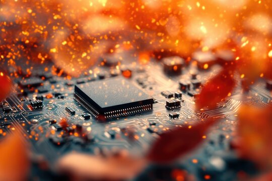 A close-up of a circuit board with a CPU, surrounded by a fiery, orange bokeh effect, suggesting intense heat or processing power.