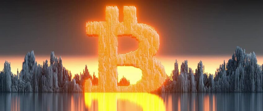 A glowing Bitcoin monolith made of orange voxels lights up in orange colors above a reflective metallic skyline at sunset