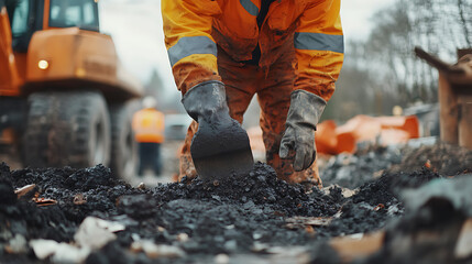 Construction Worker Using Shovel on Site