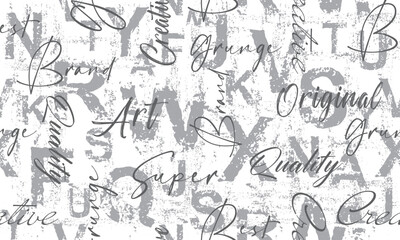 Letters seamless pattern. Grunge bold font on white background. Scattered letters of the English alphabet.