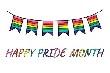 Colorful garland Gay pride flag Happy pride day LGBTQIA community Pride Month Vector hand drawn doodle for posters, stickers, logo, cards