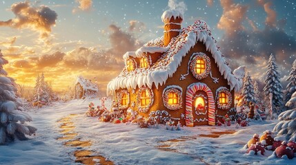 Winter gingerbread house at sunset