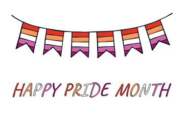 Obraz premium Colorful garland Lesbian pride flag Happy pride day LGBTQIA community Pride Month Vector hand drawn doodle for posters, stickers, logo, cards