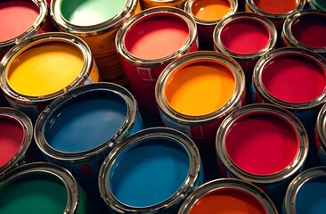 Top view of open cans of interior paint in different bright colors. Yellow, blue, green, orange, red colors