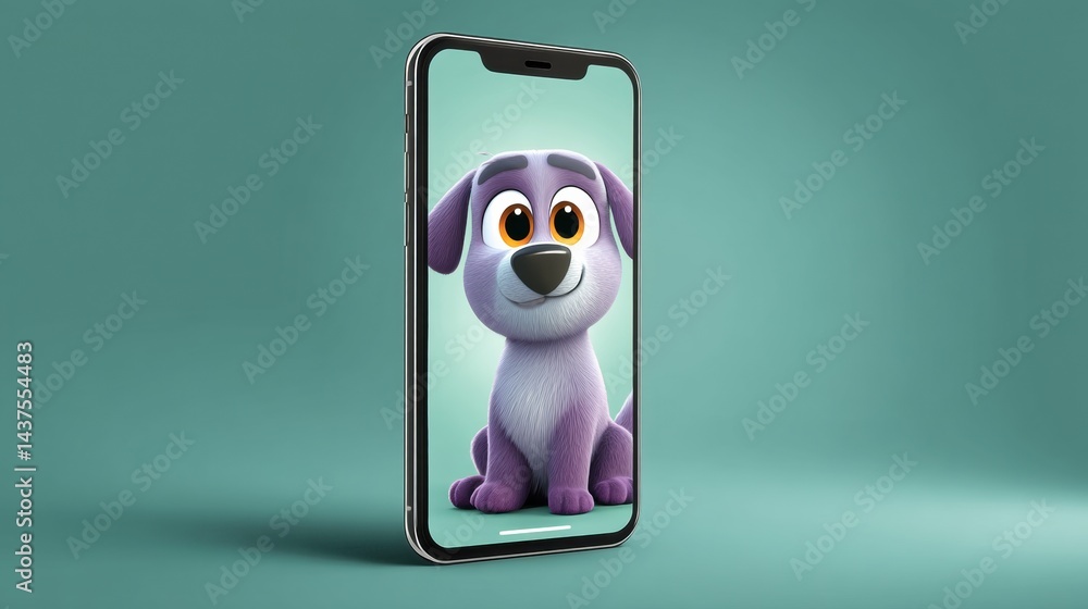 Poster engaging virtual pet app showcasing animated creature on smartphone screen indoors