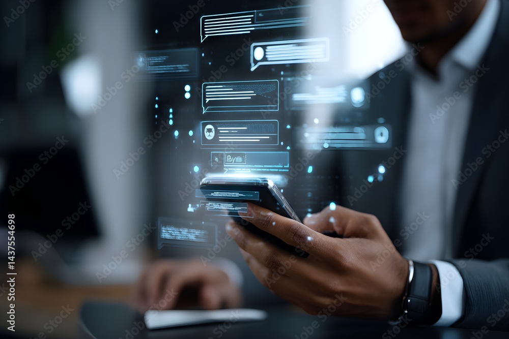 Poster a businessman uses online customer data exchange and analysis with a chat bot. artificial intelligen