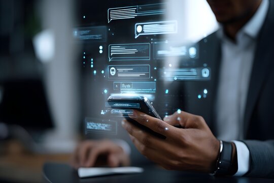 a businessman uses online customer data exchange and analysis with a chat bot. Artificial intelligence and CRM software technology, a customer service centre