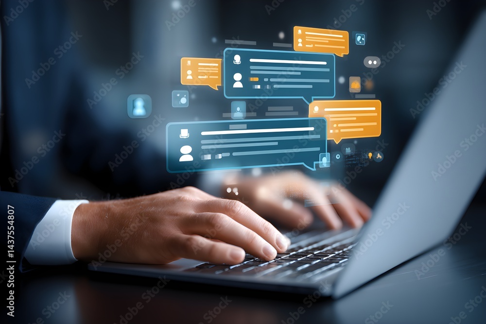 Poster a businessman uses online customer data exchange and analysis with a chat bot. artificial intelligen