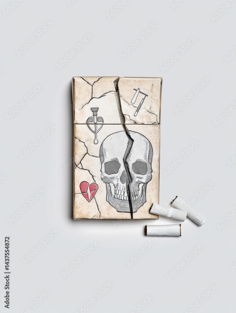 Poster skull-shaped cigarette pack with broken health icons highlighting the dangers of smoking in a modern