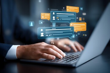 a businessman uses online customer data exchange and analysis with a chat bot. Artificial intelligence and CRM software technology, a customer service centre