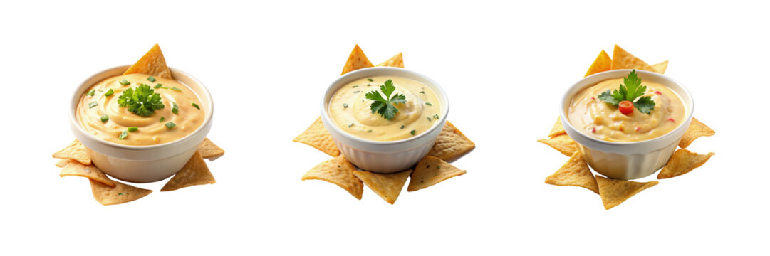 Bowl of white queso dip, surrounded by tortilla chips set of against a Transparent background