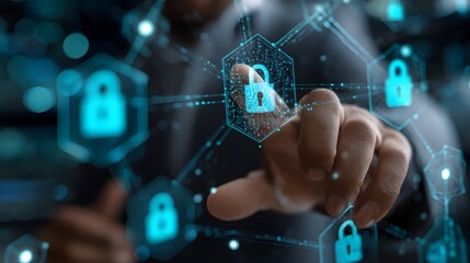 Network cybersecurity and privacy using artificial intelligence to safeguard data. AI technology is being used by a businessman to protect data management and information to cyberattacks.