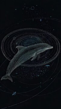 Abstract digital art of a dolphin leaping, rendered in shimmering, pixelated light against a dark background. Surrounding the dolphin is a swirling, circular pattern of similar particles.