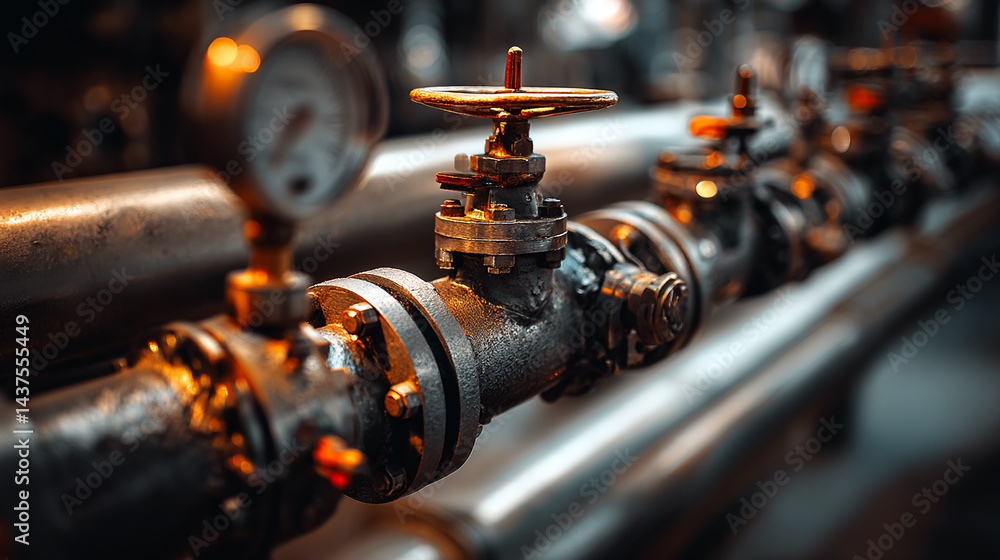 Poster close-up of industrial valve and pipe system, showcasing metallic texture and intricate details, rep