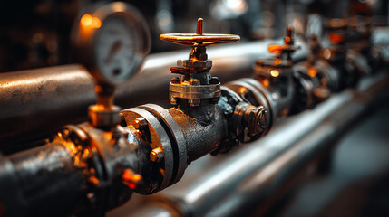 Close-up of industrial valve and pipe system, showcasing metallic texture and intricate details, representing industry, engineering, and functionality