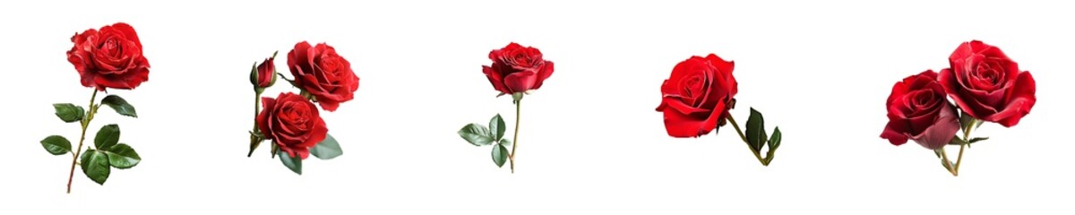 Set, Group of Red rose border Isolated on Transparent Background PNG Image.