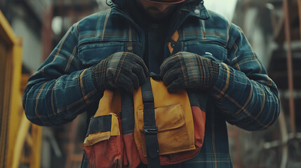 Person in Flannel Jacket Adjusting Backpack