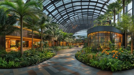 Fototapeta premium Indoor tropical garden pathway, Singapore, lush plants, glass roof, tranquil