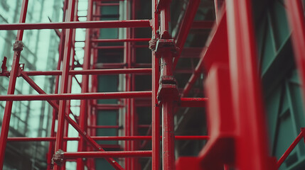 Red Scaffolding at a Construction Site