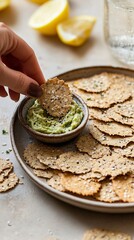 Crispy Homemade Seed chips and a bowl with guacamole on ceramic plate