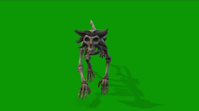 Monkey Skeleton running fast view from Front 3D Rendering Animation On Green Screen