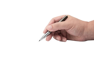 Luxury Silver Ballpoint Pen Held by Businessman’s Hand, Ready to Write on White Background