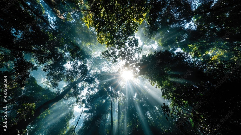 Poster ethereal light rays filtering through a dense forest canopy in a serene nature scene