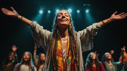 Fototapeta premium Woman singing, arms raised, joyful