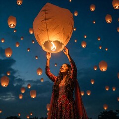 woman releasing sky lantern happily for celebrating asian traditional festival diwali