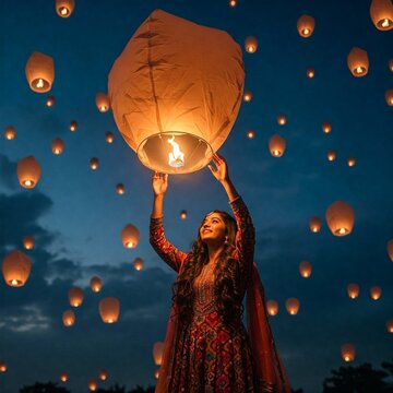 woman releasing sky lantern happily for celebrating asian traditional festival diwali