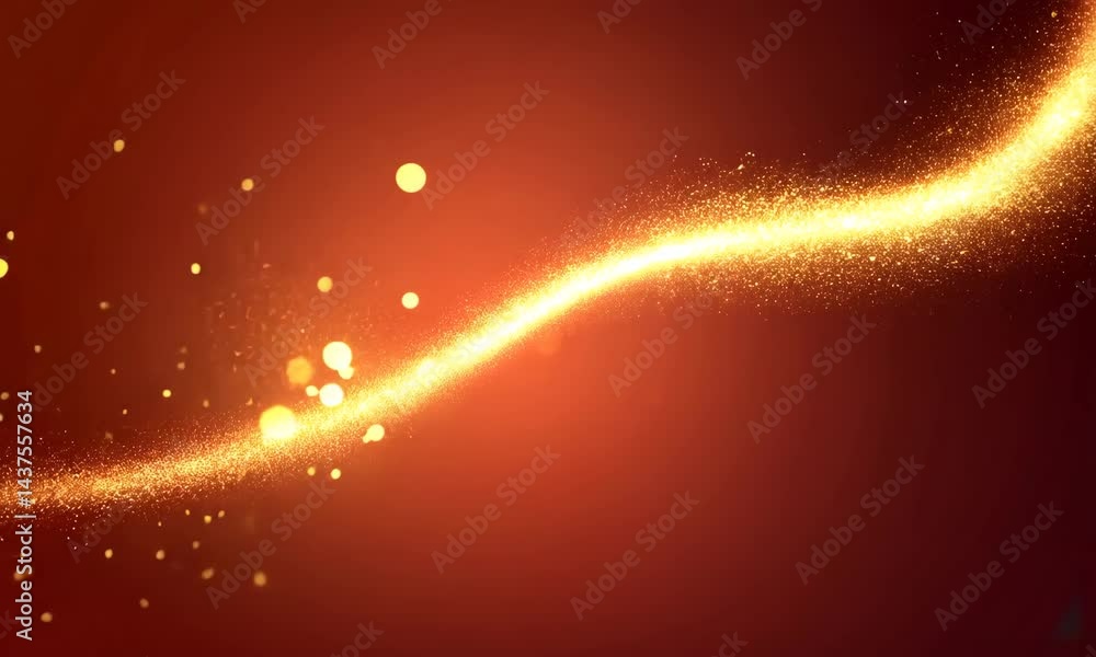 Poster dynamic golden particle stream with bokeh effect on deep red gradient background, abstract visual fo
