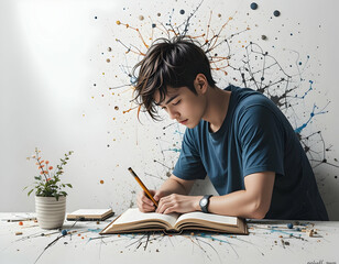Man Writing in Open Book with Pencil Creative Study Scene