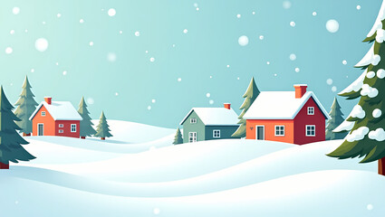 Fototapeta premium Winter Wonderland: A serene winter landscape illustration featuring charming houses nestled in a snowy valley with falling snowflakes, evoking the cozy spirit of the season.