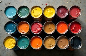 Top view of open cans of interior paint in different colors. Samples Yellow, blue, green, orange, beige, red, black colors