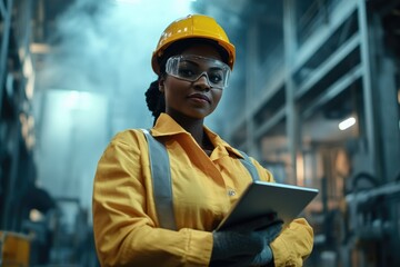 A female industrial worker in a yellow uniform and safety gear holds a tablet, thoughtfully assessing data in a factory setting.