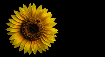 Fototapeta premium Vibrant yellow sunflower close-up on black background, isolated studio shot ideal for websites, blogs, and nature-themed designs