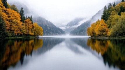Naklejka premium Misty mountain lake autumn colors