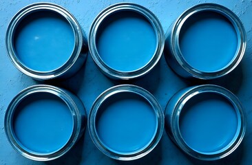 Top view of open cans of bright blue interior paint against a blue background.