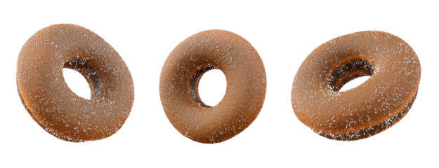 Donuts with chocolate glaze, sprinkles, white drizzle, and dots isolated on white transparent background. 3d rendering and illustration of dessert variety
