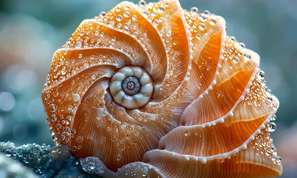 Detailed Orange Spiral Shell with Water Droplets Macro Shot Under Soft Lighting