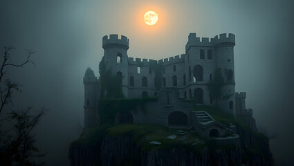 Obraz premium Forgotten Castle A Crumbling Fortress on a Misty Clifftop