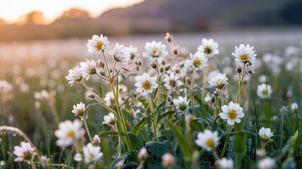 White wildflowers with yellow centers in soft hazy sunrise meadow scene
