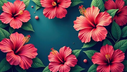 Bold hibiscus flowers, repeating motif, bright colors , plant, green