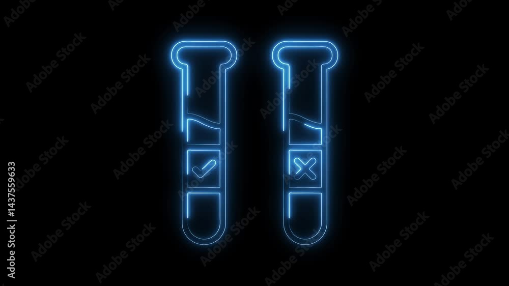Poster glowing test tubes with check and cross marks on black background
