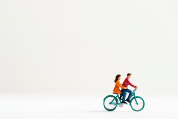 Fototapeta premium Miniature couple riding a teal tandem bicycle on a white background.