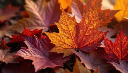 Decaying autumn leaves, intricate vein patterns visible, foliage, fall, decay