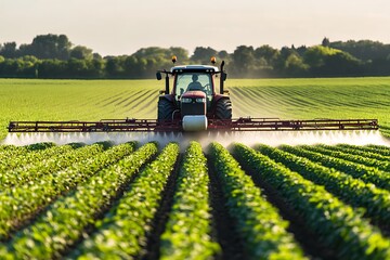Fototapeta premium A tractor spraying a garden. In the background, green farmland with rows of crops and trees is visible.