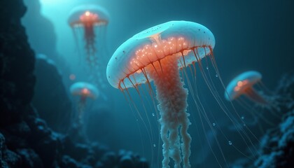 Fototapeta premium Floating jellyfish-like aliens in a gas giant's atmosphere with a mystical underwater environment