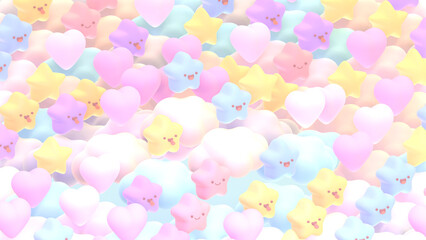 3D render kawaii stars and hearts on clouds.